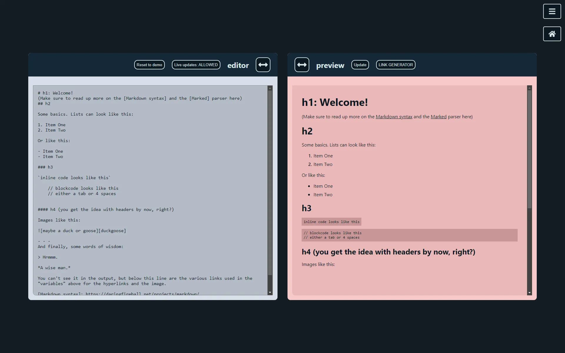 Screenshot of the markdown project